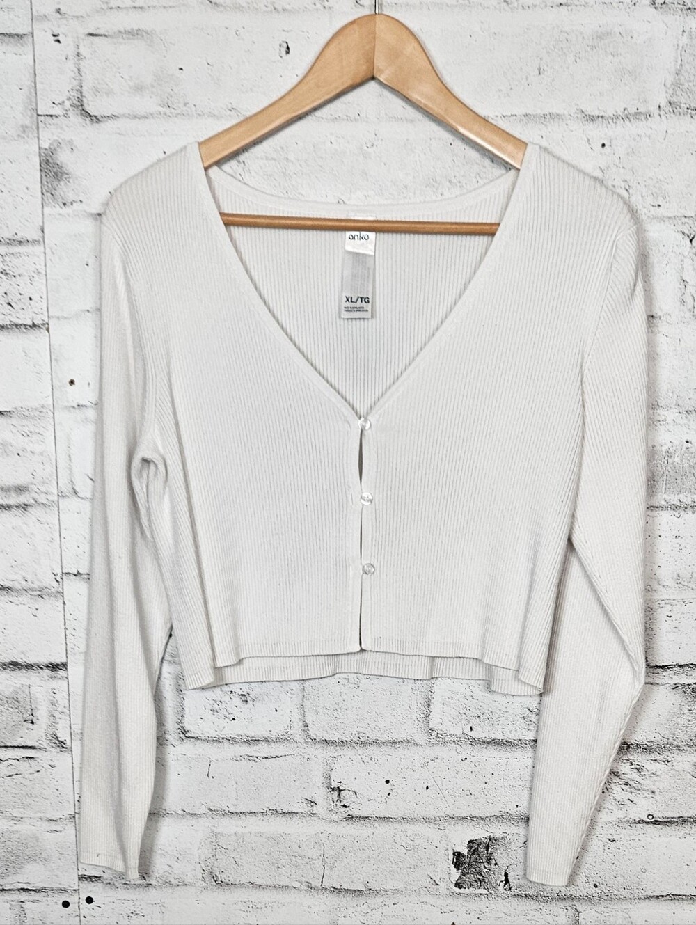 Anko Rib Knit Cropped Cardigan White Button Front XL